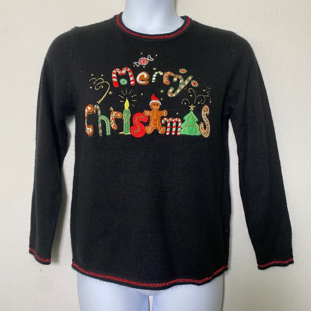Women Medium M 8-10 Black Ugly Christmas Sweater Gingerbread Man Merry Christmas